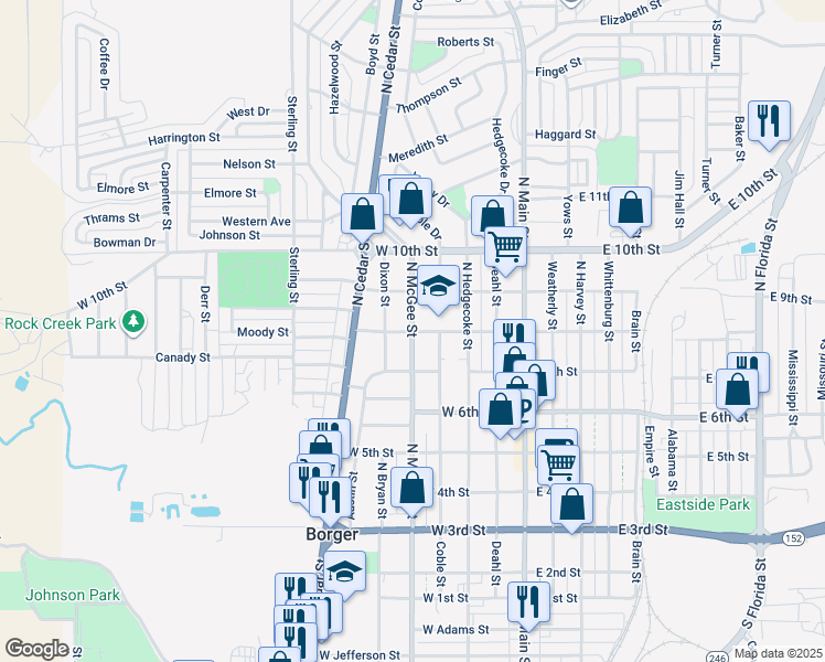map of restaurants, bars, coffee shops, grocery stores, and more near 800 North McGee Street in Borger