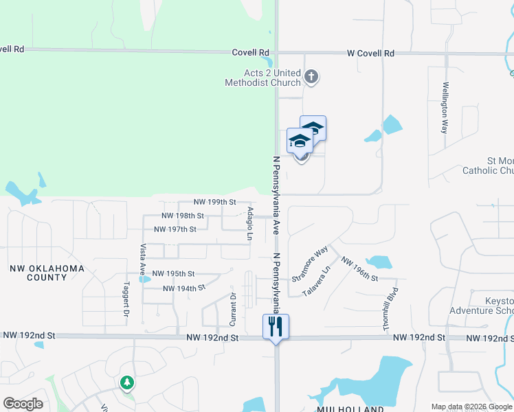 map of restaurants, bars, coffee shops, grocery stores, and more near 210 Northwest 199th Street in Edmond