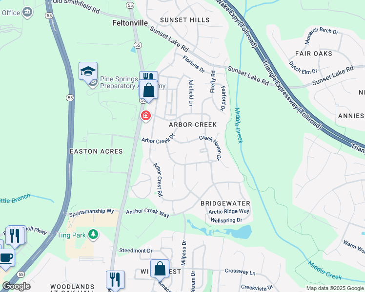 map of restaurants, bars, coffee shops, grocery stores, and more near 1009 Creek Haven Drive in Holly Springs