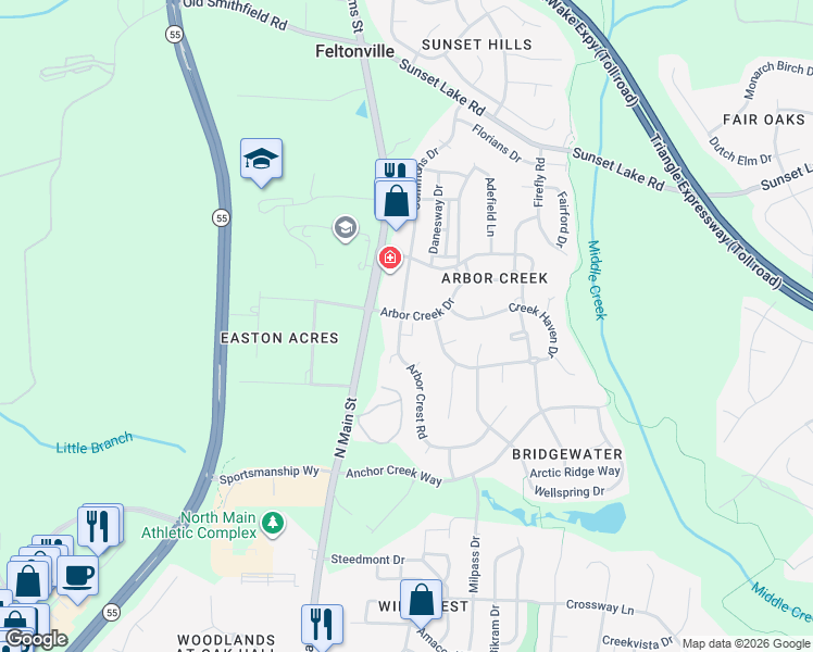 map of restaurants, bars, coffee shops, grocery stores, and more near 104 Arbor Creek Drive in Holly Springs
