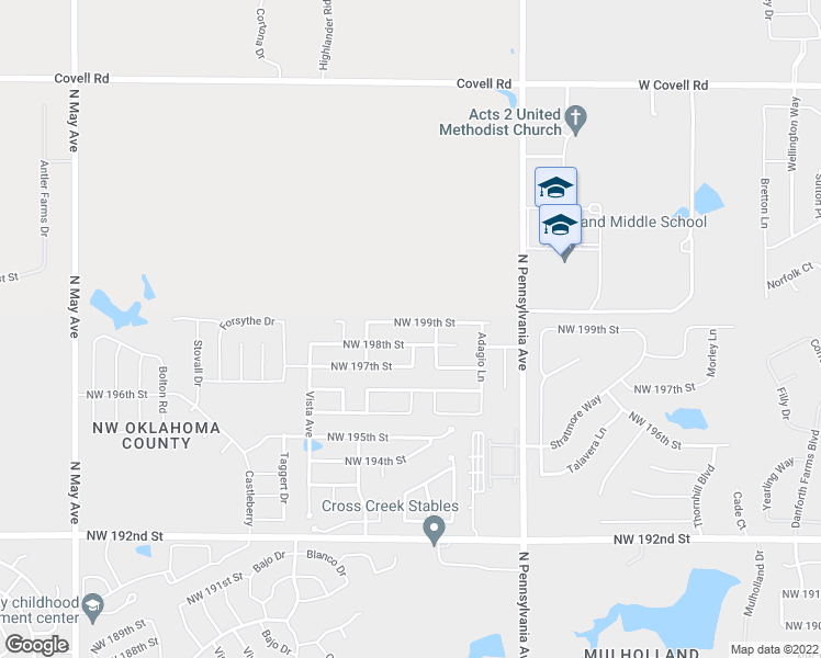 map of restaurants, bars, coffee shops, grocery stores, and more near 2324 Northwest 199th Street in Edmond