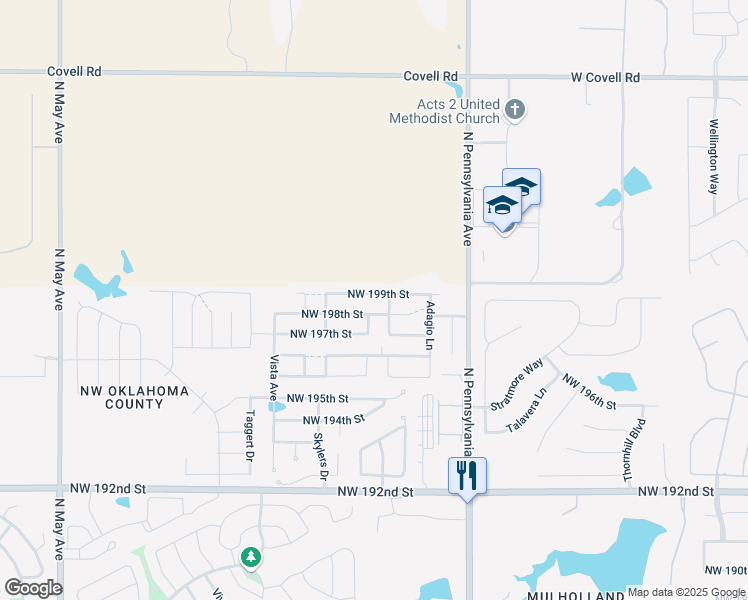 map of restaurants, bars, coffee shops, grocery stores, and more near 2321 Northwest 199th Street in Edmond