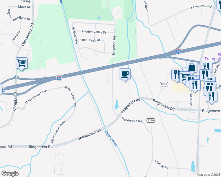map of restaurants, bars, coffee shops, grocery stores, and more near 115 Henderson Road in Jackson