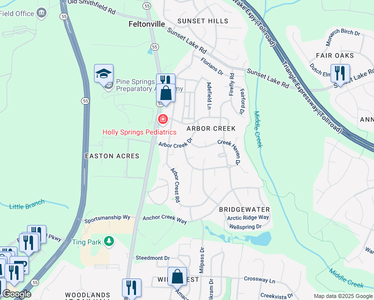 map of restaurants, bars, coffee shops, grocery stores, and more near 109 Creek Haven Drive in Holly Springs
