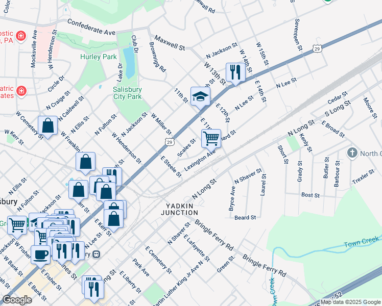 map of restaurants, bars, coffee shops, grocery stores, and more near 1010 Richard Street in Salisbury