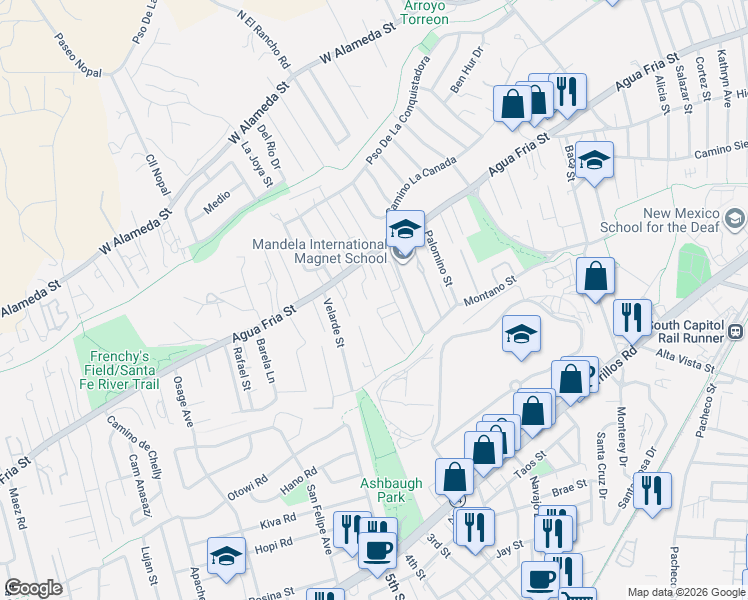 map of restaurants, bars, coffee shops, grocery stores, and more near 820 Osito Place in Santa Fe