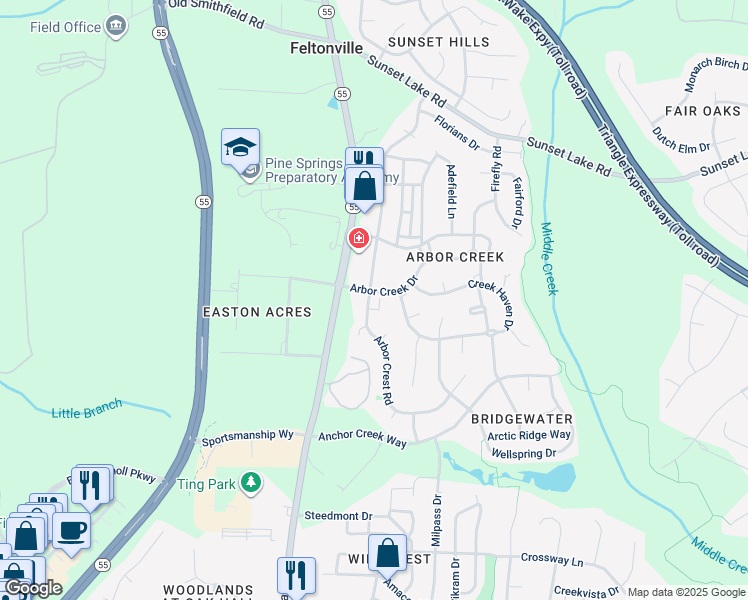 map of restaurants, bars, coffee shops, grocery stores, and more near 131 Arbor Light Road in Holly Springs