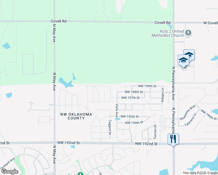 map of restaurants, bars, coffee shops, grocery stores, and more near 19829 Vista Avenue in Edmond