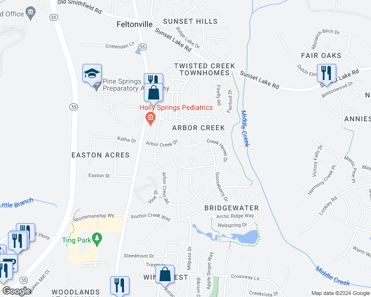 map of restaurants, bars, coffee shops, grocery stores, and more near 1113 Creek Haven Drive in Holly Springs