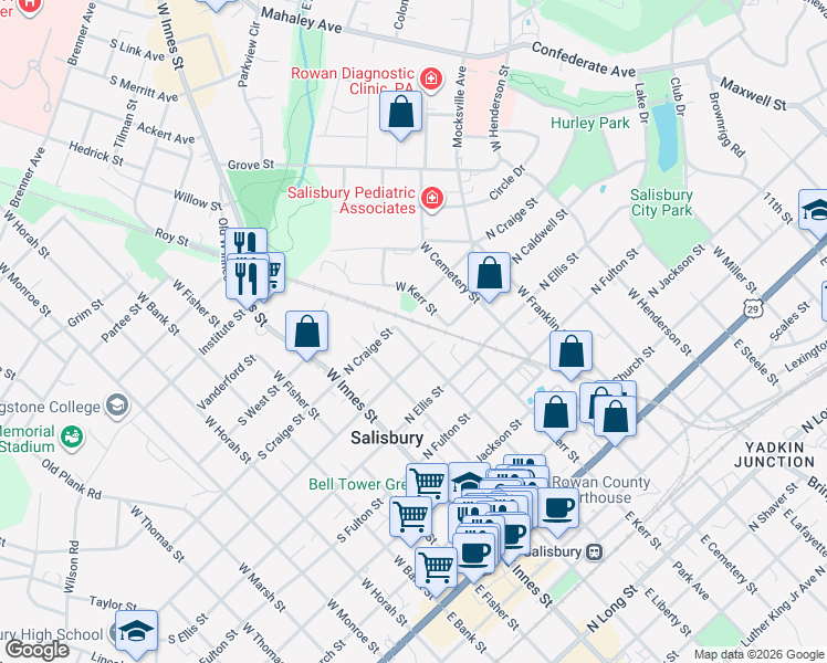 map of restaurants, bars, coffee shops, grocery stores, and more near 620 West Liberty Street in Salisbury