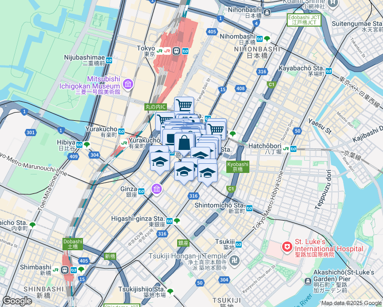 map of restaurants, bars, coffee shops, grocery stores, and more near in Chuo City