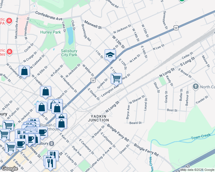 map of restaurants, bars, coffee shops, grocery stores, and more near 1010 Richard Street in Salisbury