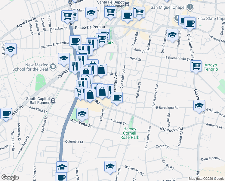 map of restaurants, bars, coffee shops, grocery stores, and more near 513 Camino De Los Marquez in Santa Fe