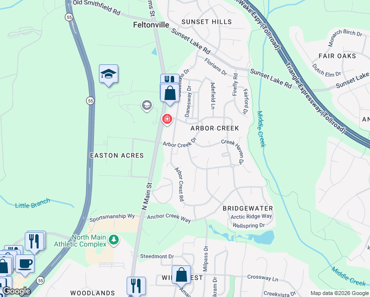 map of restaurants, bars, coffee shops, grocery stores, and more near 100 Creek Haven Drive in Holly Springs