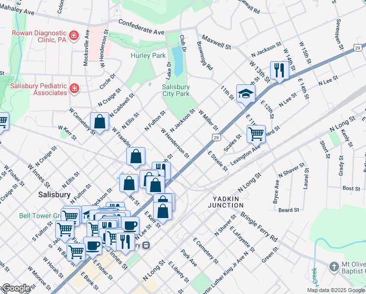 map of restaurants, bars, coffee shops, grocery stores, and more near 130 West Henderson Street in Salisbury