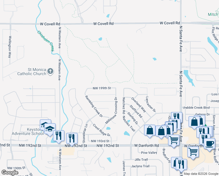 map of restaurants, bars, coffee shops, grocery stores, and more near 505 Northwest 199th Street in Edmond