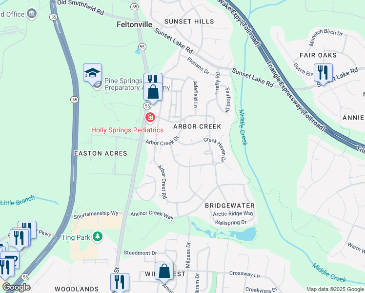 map of restaurants, bars, coffee shops, grocery stores, and more near 1117 Creek Haven Drive in Holly Springs