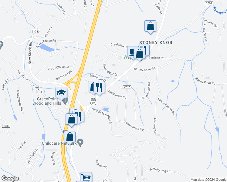 map of restaurants, bars, coffee shops, grocery stores, and more near 4 Highlander Road in Asheville