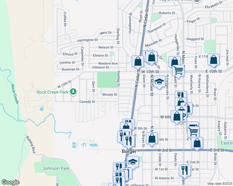 map of restaurants, bars, coffee shops, grocery stores, and more near 800 Moody Street in Borger