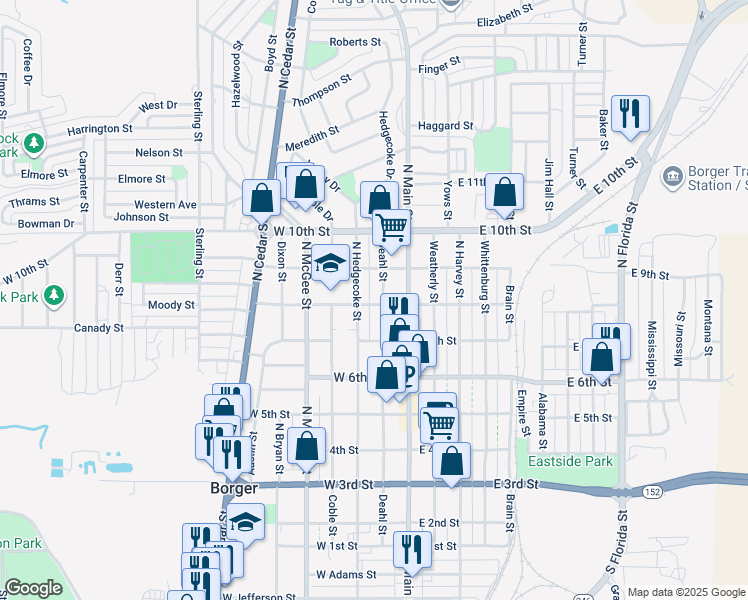 map of restaurants, bars, coffee shops, grocery stores, and more near 801 Deahl Street in Borger