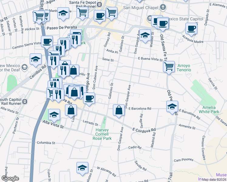 map of restaurants, bars, coffee shops, grocery stores, and more near 121 Coronado Lane in Santa Fe
