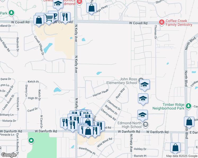 map of restaurants, bars, coffee shops, grocery stores, and more near 1812 Duckhawk Court in Edmond