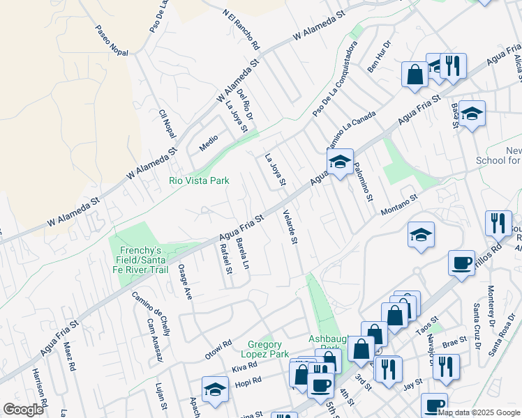 map of restaurants, bars, coffee shops, grocery stores, and more near 1717 Agua Fria Street in Santa Fe