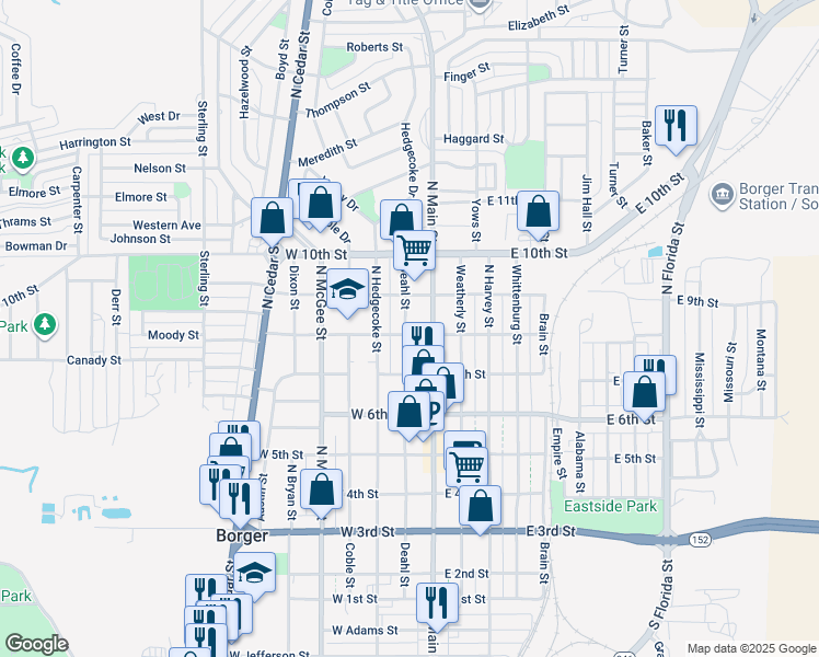 map of restaurants, bars, coffee shops, grocery stores, and more near 801-899 Deahl Street in Borger