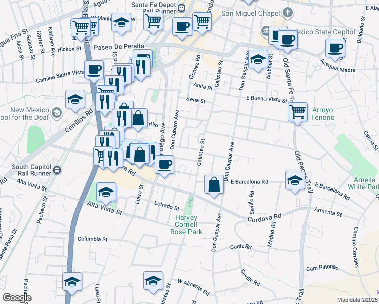 map of restaurants, bars, coffee shops, grocery stores, and more near 303 Lomita Street in Santa Fe