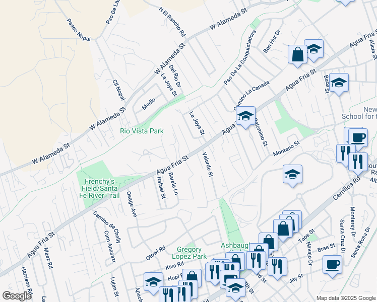 map of restaurants, bars, coffee shops, grocery stores, and more near 1717 Agua Fria Street in Santa Fe