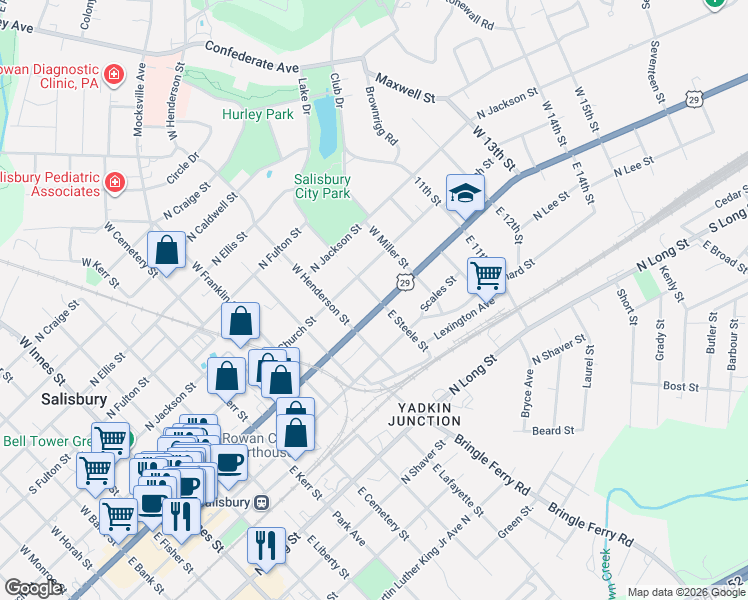 map of restaurants, bars, coffee shops, grocery stores, and more near 826 North Main Street in Salisbury