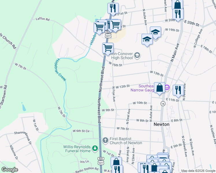 map of restaurants, bars, coffee shops, grocery stores, and more near 618 West 12th Street in Newton