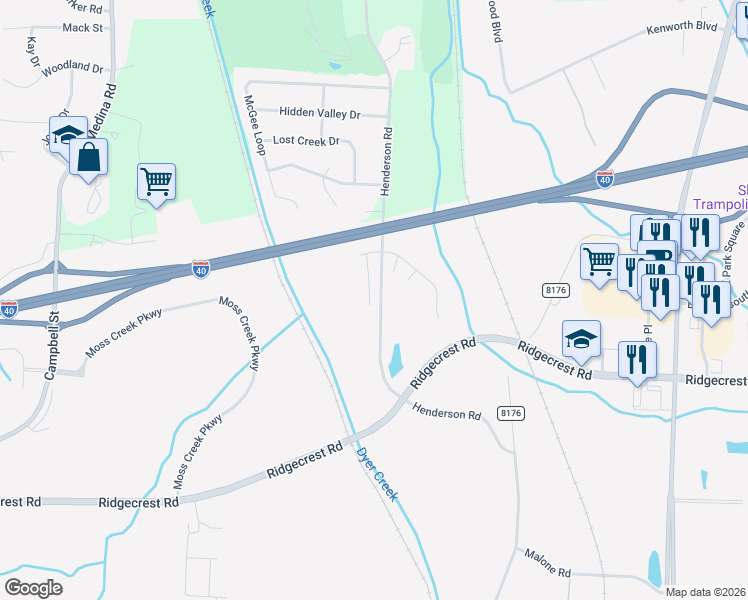 map of restaurants, bars, coffee shops, grocery stores, and more near 115 Henderson Road in Jackson