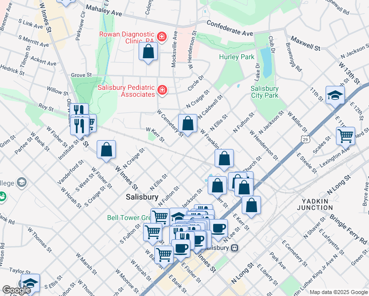 map of restaurants, bars, coffee shops, grocery stores, and more near 420 N Ellis St in Salisbury