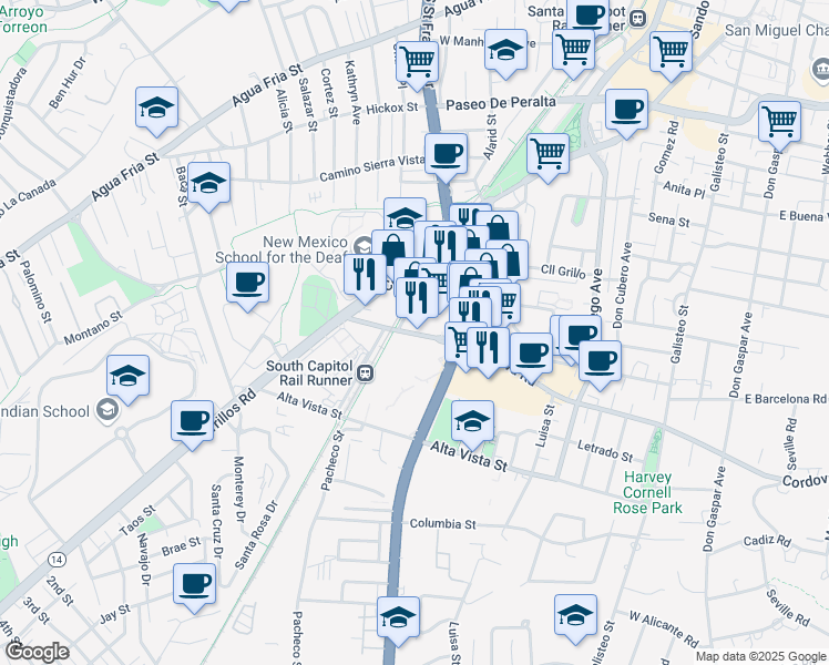 map of restaurants, bars, coffee shops, grocery stores, and more near 1029 West Cordova Road in Santa Fe