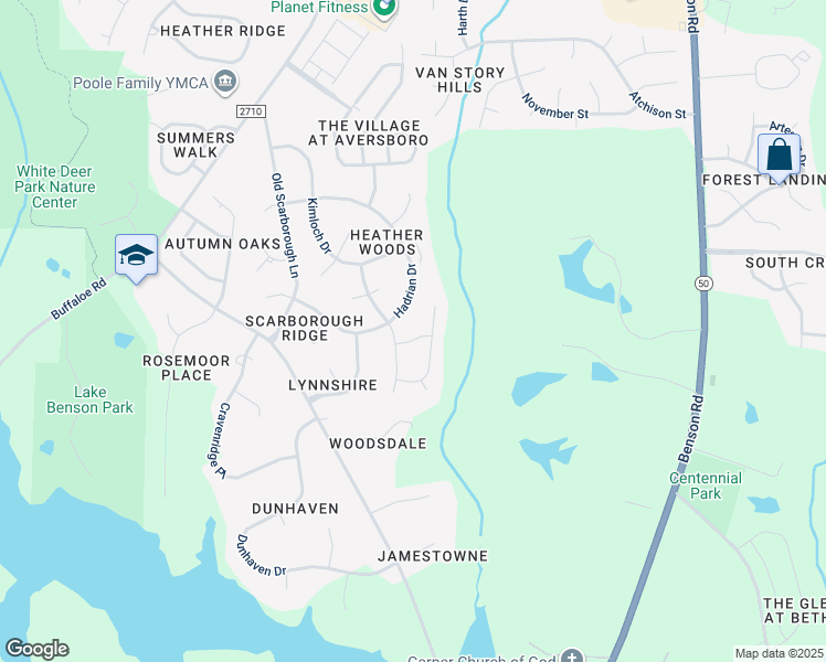 map of restaurants, bars, coffee shops, grocery stores, and more near 109 Westmuir Place in Garner