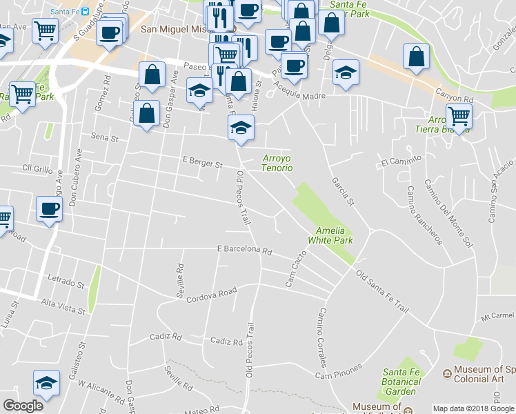 map of restaurants, bars, coffee shops, grocery stores, and more near 513 East Coronado Road in Santa Fe