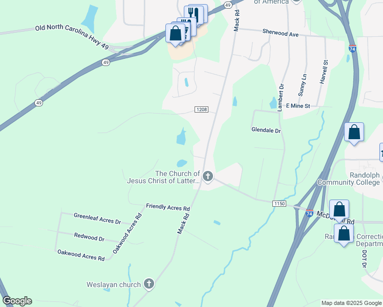 map of restaurants, bars, coffee shops, grocery stores, and more near Ethan Court in Asheboro