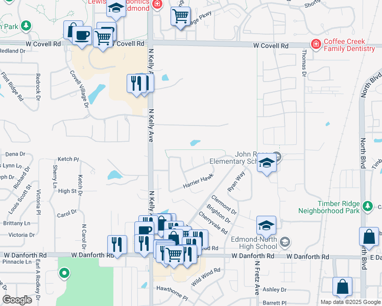 map of restaurants, bars, coffee shops, grocery stores, and more near 1812 Duckhawk Court in Edmond