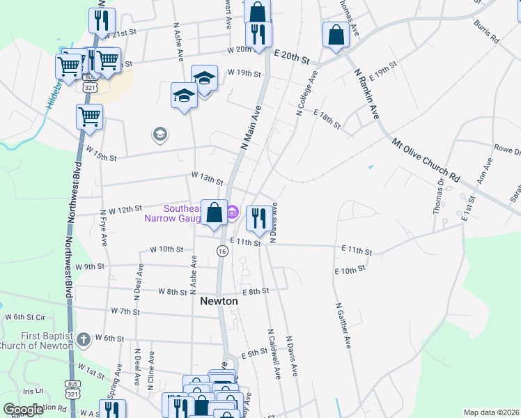map of restaurants, bars, coffee shops, grocery stores, and more near 115 East 13th Street in Hickory
