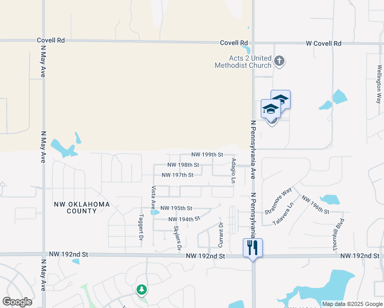 map of restaurants, bars, coffee shops, grocery stores, and more near 2345 Northwest 199th Street in Edmond