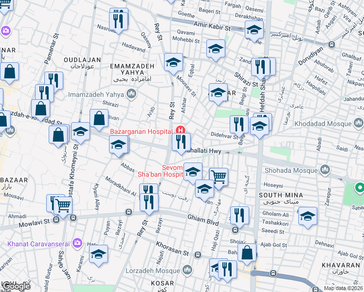 map of restaurants, bars, coffee shops, grocery stores, and more near Andarzgoo in Tehran