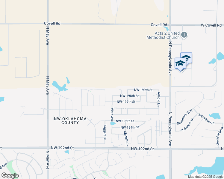 map of restaurants, bars, coffee shops, grocery stores, and more near 19829 Vista Avenue in Edmond