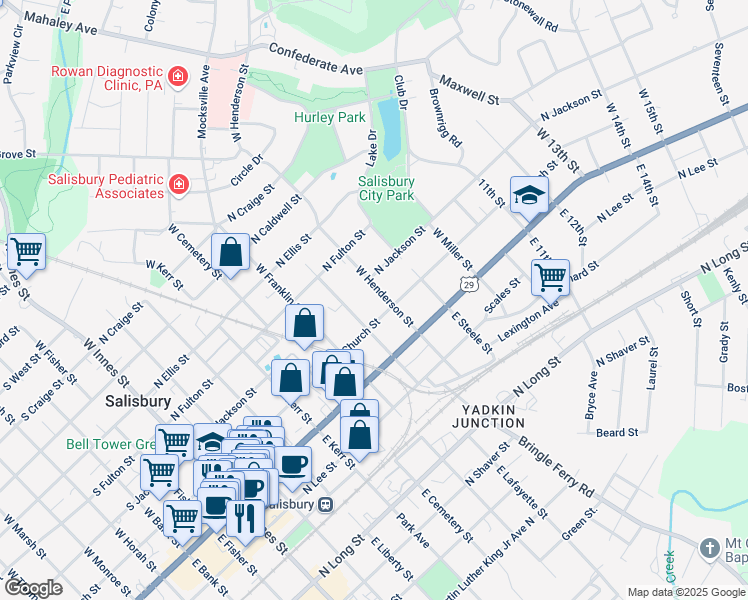 map of restaurants, bars, coffee shops, grocery stores, and more near 215 W Henderson St in Salisbury