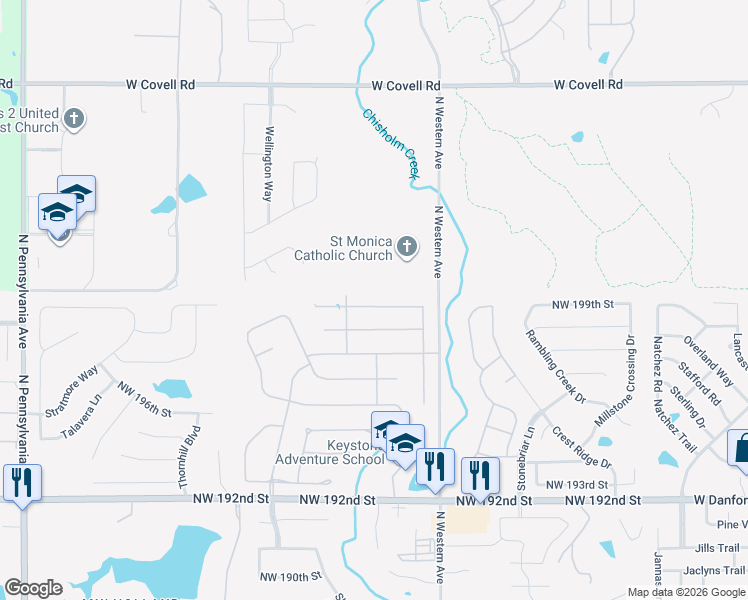 map of restaurants, bars, coffee shops, grocery stores, and more near 1209 Northwest 199th Street in Edmond