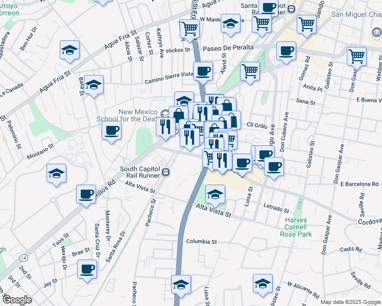 map of restaurants, bars, coffee shops, grocery stores, and more near 1029 West Cordova Road in Santa Fe