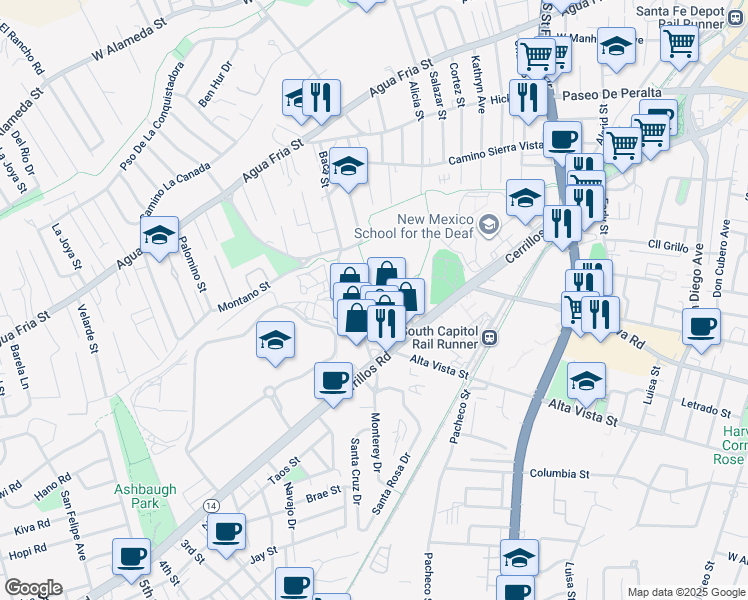 map of restaurants, bars, coffee shops, grocery stores, and more near 1221 Flagman Way in Santa Fe
