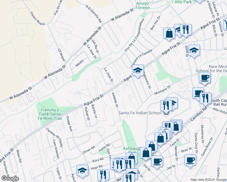 map of restaurants, bars, coffee shops, grocery stores, and more near 1704 Agua Fria Street in Santa Fe