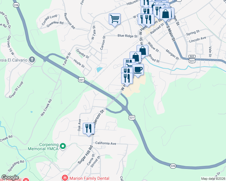 map of restaurants, bars, coffee shops, grocery stores, and more near 81 Mitchell Street in Marion