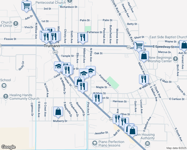 map of restaurants, bars, coffee shops, grocery stores, and more near 512 Poinsett Avenue in Trumann